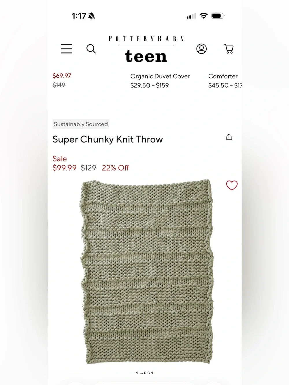 Pottery Barn Teen Sage Green Chunky Knit Throw